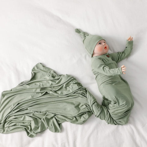Large Rayon Jersey Knitted Swaddle Blanket for Baby, Soft Stretchy Receiving Blanket with Hat, 47 x 47 inches (Sage)