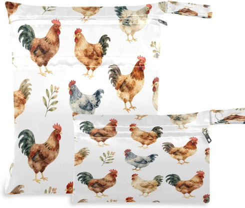 Haskirky Hen and Rooster 2 Pcs Cloth Diaper Wet Dry Bags,Waterproof and Washable