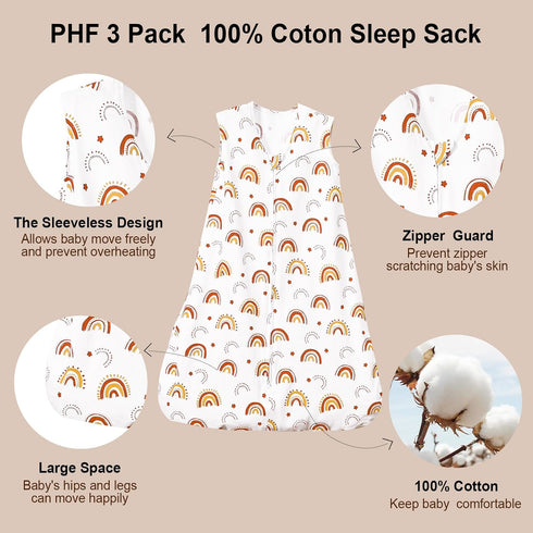 PHF Baby Sleep Sack 12-18 Months 3 Pack 100% Cotton Baby Wearable Blanket, 2-Way Zipper 0.5 TOG Toddler Sleeping Sack, Comfy Sleep Bag for Baby Boys Girls, Rainbow (Large)