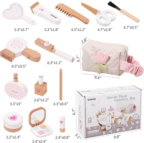 Set 16 3 4 5 6 7 8 Wooden Makeup Toy for Toddlers, Pieces Pretend Play Beauty Salon Kit with Styling Tools, Cosmetics