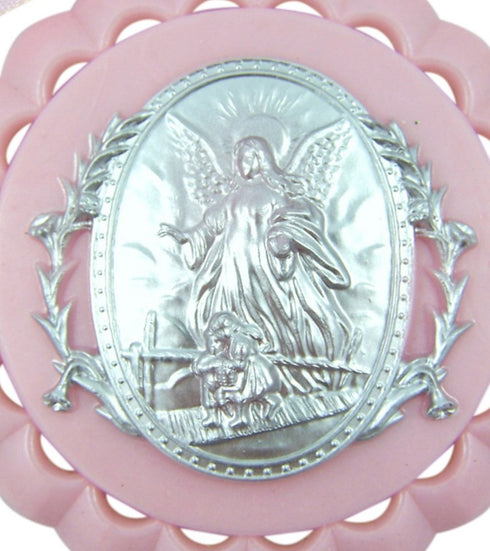 Moulded Acrylic Pink Crib Medal with Guardian Angel, 3 1/2 Inch for Baby Girl Nursery Decor