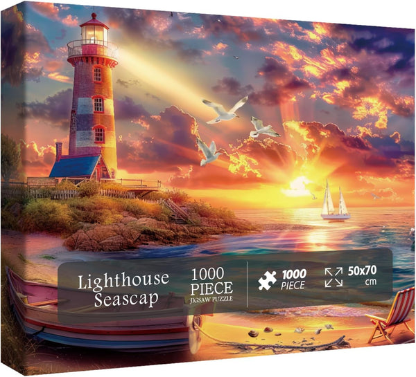 Beach Ocean Lighthouse Puzzle for Adults, 1000 Pieces, Summer Sunset Landscape Jigsaw Puzzle