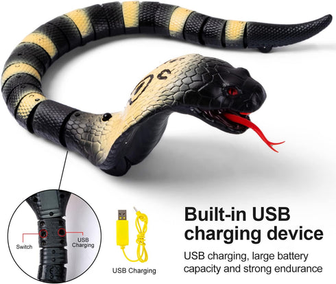 AMCHSURI RC Snake Toy: Realistic Prank Cobra, Rechargeable, Smart Sensing, Infrared Controller for Kids/Cat (Black)