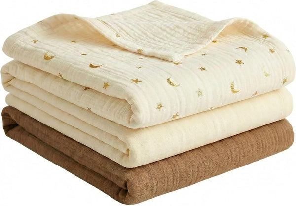 Pikabuki Muslin Swaddle Blankets for Boys Girls, 3 Pack Receiving Baby Blanket Large