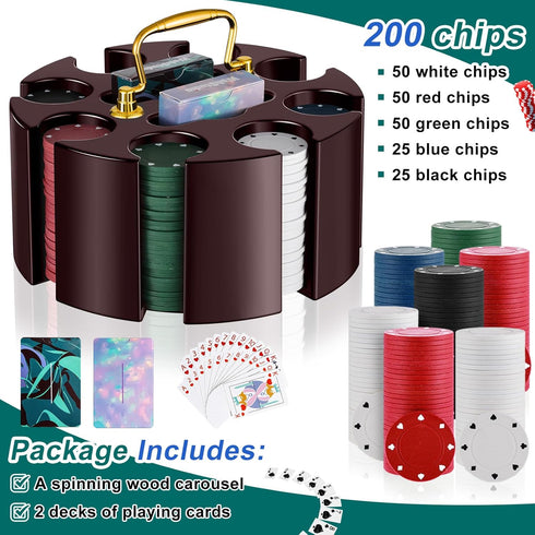 Wettarn Poker Chips Set - 200 Count Rotating Poker Chip Case with 200 Chips & 2 Decks of Playing Cards for Casino