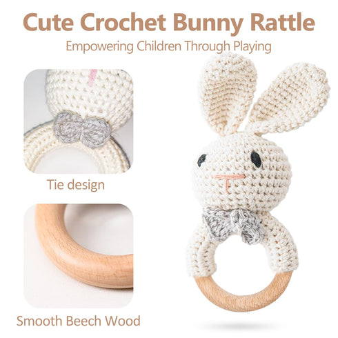 Wooden Baby Rattle, Handcrafted Crochet Bunny Rattles with Wooden Teething Ring, Organic Beige Rabbit Newborn Toy