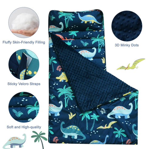 PHF Toddler Nap Mat with Removable Pillow and Minky Fleece Blanket, Dinosaur Design for Kids