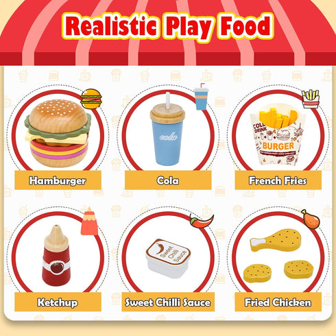 Set Set Wooden Play Fast Food Play Kitchen Accessories, Pretend Play Food Hamburger French Fries Toy, Restaurant Play