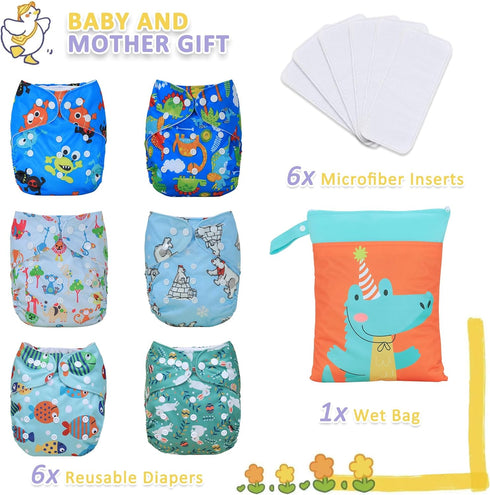 6 Pack 6 Inserts,1 TDIAPERS Cloth Diapers Reusable Washable Pocket Diapers Cover One Size Adjustable for Baby Snaps