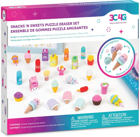 Make It Real 3C4G: Snacks 'N Sweets Puzzle Eraser Set, 25 Food-Shaped Puzzle Erasers for Kids Ages 8+, Pull Apart & Put