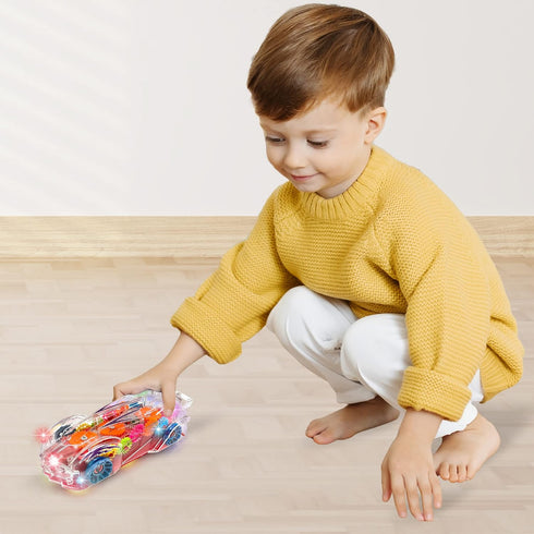 Light Up Transparent Gear Racer Toy Car - Bump and Go with Colorful Gears, Music & LED Effects for Kids 3+