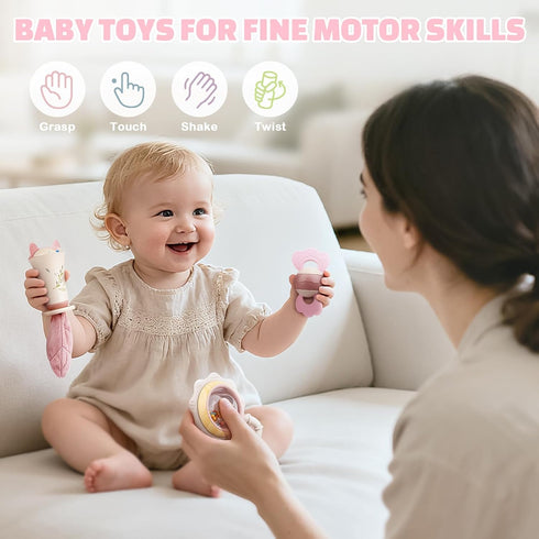 0-6 3-6 6-12 10PCS Baby Toys Months, Baby Rattles, Teething Toys Months, Infant Toys Months, Pink Sensory Rattles