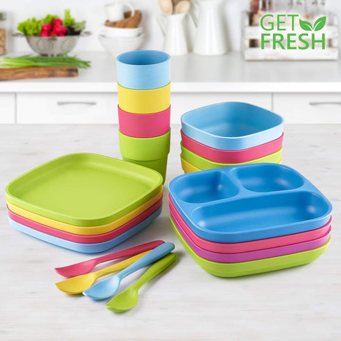 GET FRESH Bamboo Kids Divided Plates Set, 2-Pack, 3 Compartment Bamboo Dinnerware for Kids Meals