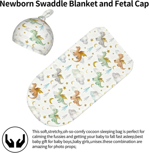 Sozzjile Set, Cute Dragon Print Baby Swaddle Blanket with Beanie Soft Cloud Moon Star Swaddle Sack Newborn Receiving