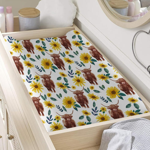 Highland Cows Floral Changing Pad Covers, Soft Breathable Stretch for Baby Girls and Boys 32''x16'' Sunflowers