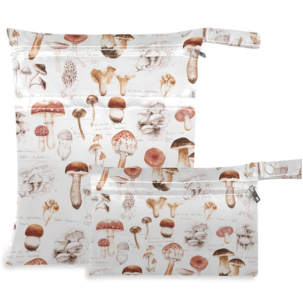 visesunny Hand Drawn Mushroom 2Pcs Wet Bag with Zippered Pockets Washable Reusable Roomy