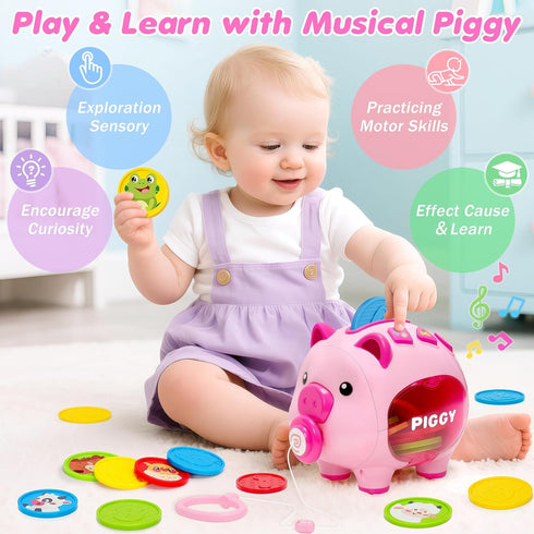 1 6-12-18 1st 7 8 9 10 Musical Piggy Toys for Year Old Girl Gift, Piggy Bank with Educational Number, Color, Animal