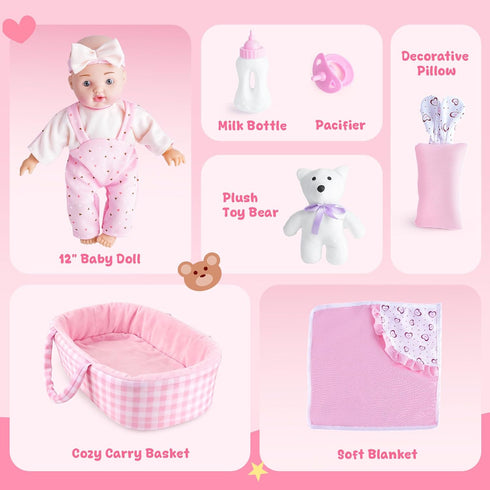 12" Set, 1-3 AuntyFey Baby Doll Baby Doll Bassinet with Accessory for Girl Toddlers with Bottle, Teddy Bear, Pillow