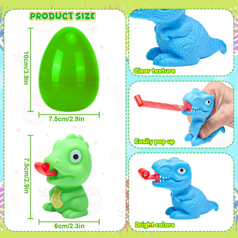 6 Pack Easter Dinosaur Toys for Kids, Filled Easter Egg with Dinosaur Tongue Out Squeeze Toys, Funny Novelty Toys