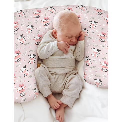Cute Cow Pink Bows Baby Nursing Pillow Covers for Boy Girl Cartoon Cows with Flowers Leaves Nursing Pillowcase