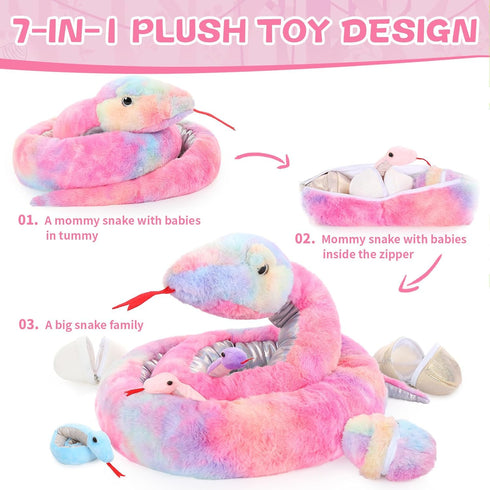 MaoGoLan Giant Snake Stuffed Animal - Realistic Large Mommy with 3 Babies & 3 Eggs Plush Toy, 79'' Long