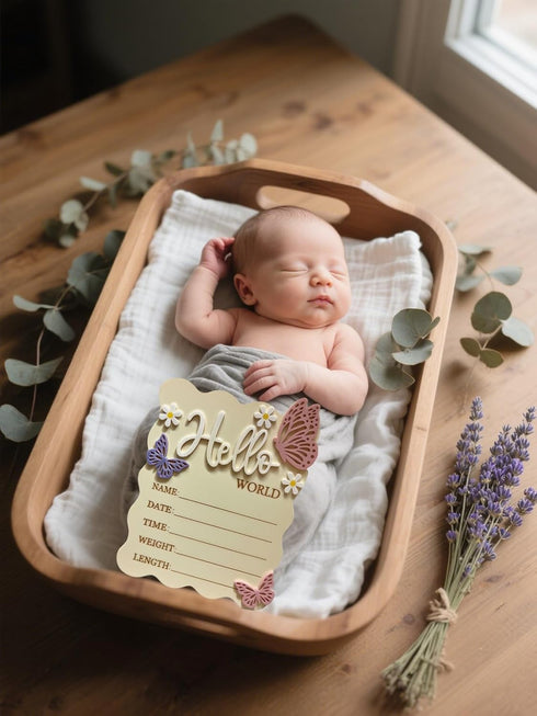 Wooden Birth Announcement Sign - Butterfly Daisy Hello World Newborn Baby Name Birth Stats Board, Floral Nursery Decor