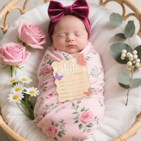 Goktvai Hello World Board, Wooden Butterfly Daisy Baby Birth Announcement Sign Newborn Birth Sign for Information
