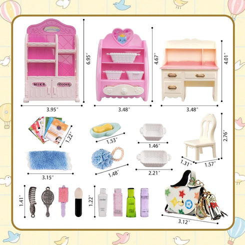 WEHOO 74Pcs Set Backpack Dollhouse Acessories Furniture Mini Cabinet with Drawers Case Handbag Towel Cosmetic Bathroom