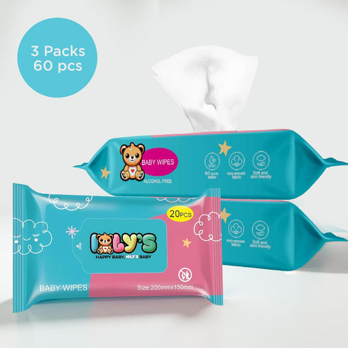 Ioly's 99% Pack 20 Baby Wipes Unscented Wet Wipes Water Based with Aloe Vera Fragrance Free Travel ct Hypoallergenic