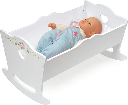 Badger Basket Toy Rocking Doll Bed with White Bedding and Personalization Kit for 20 inch Dolls - White Rose