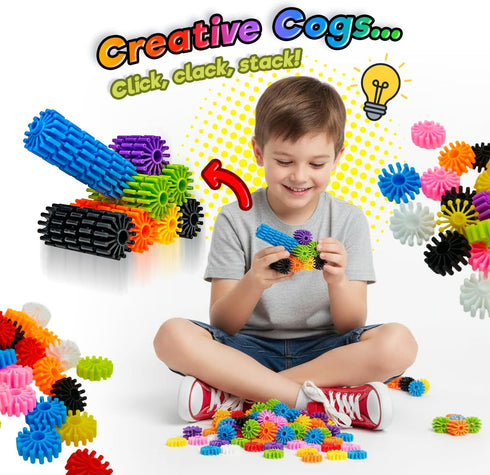 (Pack 1) 4910-1 JA-RU Building Blocks Spinning Toy of Creative Cogs. Click, Clock, & Stock. Connect Colorful Pieces.