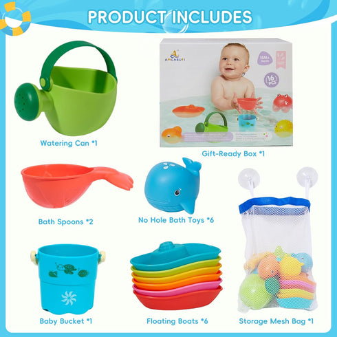1-3, 16PCS 2-4 Baby Bath Toys for Kids Ages | Easy Clean Mold Free Bath Toys Toddlers | Bathtub Pool Water Table Toys