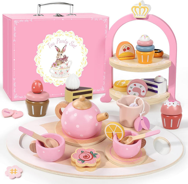 Wooden Tea Party Set for Little Girls, Toddler Girl Gifts Princess Tea