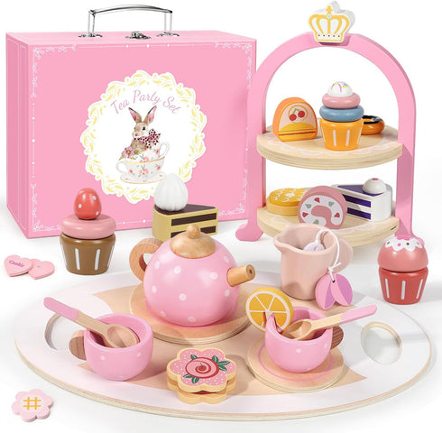 Wooden Tea Party Set for Little Girls, Toddler Girl Gifts Princess Tea