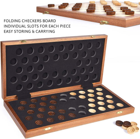 15inch Set, 100 10x10 VAMSLOVE Checkers Folding Wooden Game Square Checkerboard International Checkers Draughts Board