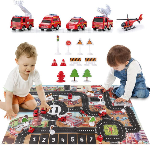 Set 3 4 5 6 Dwi Dowellin Airplane Toys with Fire Truck Cars Toy and Play Mat,Plane with Light Up and Sounds,Birthday