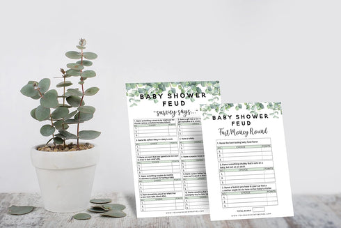 Eucalyptus Baby Shower Family Feud Game Set - Your Main Event Prints, 50 Question Cards, Fun Group Activity