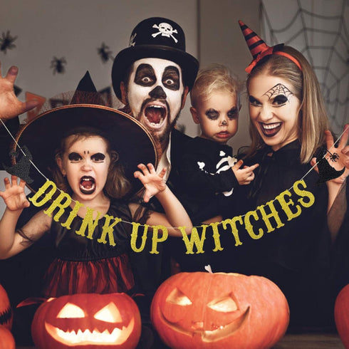 Halloween Gold Glitter Drink Up Witches Banner, Witches Party Decorations for Haunted Mansion