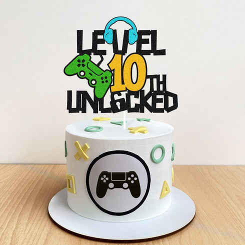 Level 10th Unlocked Cake Topper, Happy 10th Birthday Decoration, Video Game Controller Theme Supplies