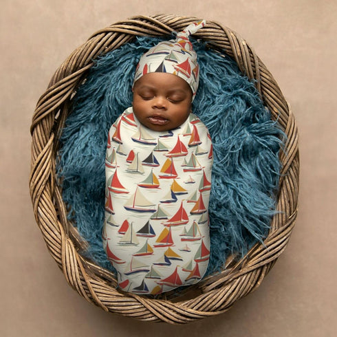 Sailboats Sets Cartoon Newborn Swaddle Blankets Hat Soft Baby Receiving Blanket Swaddle Sack for Baby Shower Infant Boy