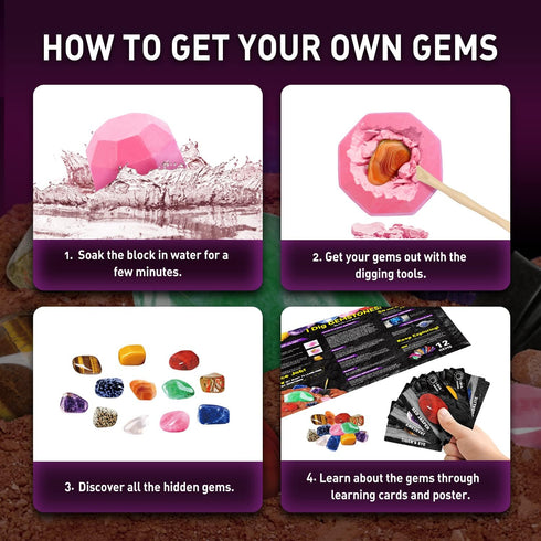 12 Gamerside Gemstones Dig Kit - Dig it up Real Gemstone and Crystal for Kids Gems Digging Kit Mineral & Rock