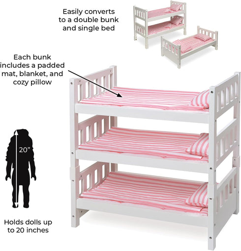 Badger Basket Pink Stripe Convertible Doll Bunk Bed with Storage Baskets & Personalization Kit for 20 inch Dolls