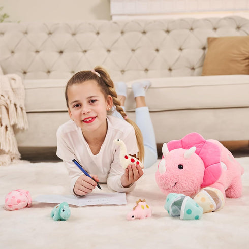 17.6in Mommy 3 Pink Dinosaur Toys for Girls, Dinosaur Stuffed Animal with Baby Dino Plush(Triceratops, Stegosaurus