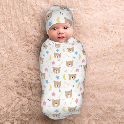 JGUcxnv Set 0-6 Bear Newborn Swaddle Blanket with Beanie Hat, Soft Stretchy Baby Swaddle Sack and Adjustable Knot Hat