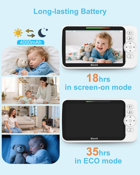 Blemil 6" 35-Hrs 2-Way 1000ft Upgrade Video Baby Monitor with Camera and Audio Large Screen, Battery, No WiFi Baby