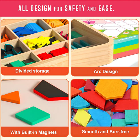248 Set 4 5 6 7 8, Pcs Wooden Magnetic Pattern Block with Cards, Pen & Storage Bag, Montessori STEM Tangram Puzzle Toys