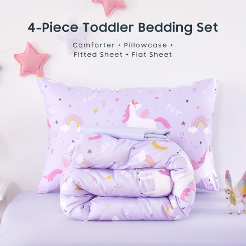 Set 4 Set Wake In Cloud - Toddler Bedding for Girls, Cute Unicorn Rainbow Stars, Pieces Soft Crib Bed Including