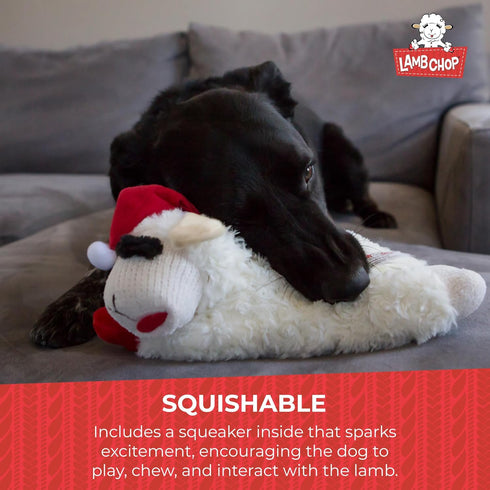 Multipet Lamb Chop Dog Plush Toy with Santa Hat - Squeaky Toy for All Dogs, Extra Soft Plush (10.5”, Cream)