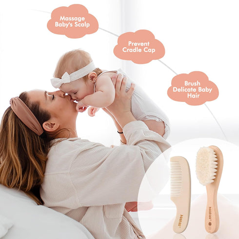 Set 2pk haakaa Baby Hair Brush and Comb for Newborns & Toddlers - Natural Soft Wool Bristles and Wooden Handle, Gently