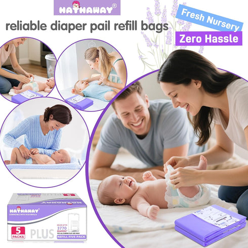 RUZAKO 30% 5 Pack Diaper Pail Refill Bags Compatible With Dekor Plus Diaper Pail, Extra Length, Lavender Scent